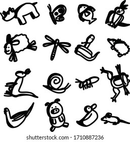 A Set of creature, zoo animal, also including mammals, insects, including birds, fish and wildlife cartoon drawing and graphic image useful for doodle or illustration and poster