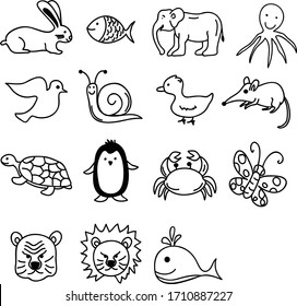 A Set of creature, zoo animal, like mammals, insects, birds, fish and wildlife cartoon drawing and graphic image useful for doodle or illustration and poster