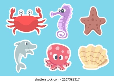 Set of creatures under the sea with crab, sea horse, jelly fish, star fish, dolphin and shell in cartoon style, vector illustration