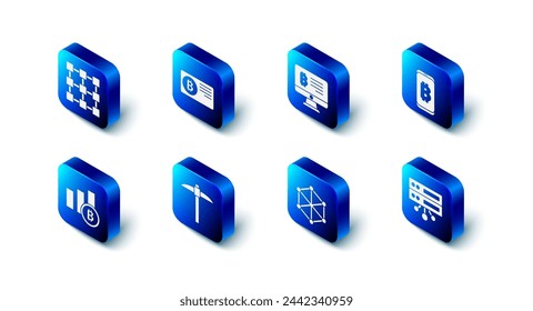 Set Tarjeta de crédito con bitcoin, Minería desde monitor, móvil, servidor, tecnología Blockchain, pico, gráfico circular infográfico e icono. Vector