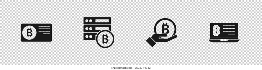 Establecer tarjeta de crédito con bitcoin, servidor, mano sosteniendo Bitcoin y minería desde el icono de la computadora portátil. Vector