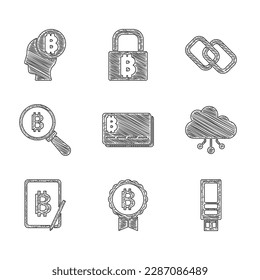 Set Credit card with bitcoin, Bitcoin, USB flash drive, Cryptocurrency cloud mining, Mining from tablet, Magnifying glass, Chain link and think icon. Vector