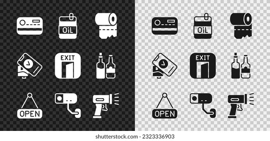 Set Credit card, Bottle of olive oil, Toilet paper roll, Hanging sign with Open, Security camera, Scanner scanning bar code, POS terminal and Fire exit icon. Vector