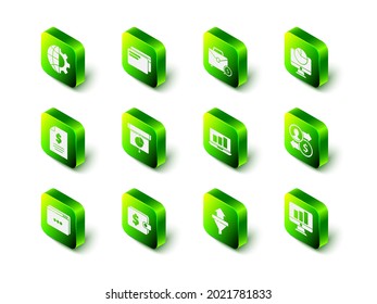 Set Credit card, Briefcase and money, Computer monitor with graph chart, Job promotion exchange, Monitor, Laptop, Sales funnel arrows and Wallet dollar icon. Vector