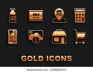 Set Credit card, Calculator, Shopping cart, Market store, Paper financial check, Location, Bottle with milk and Canned fish icon. Vector