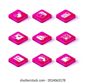Set Credit card, Carton cardboard box with price, Roasted turkey or chicken, Shopping bag and food, Warehouse interior boxes, Paper financial check and New tag dollar icon. Vector
