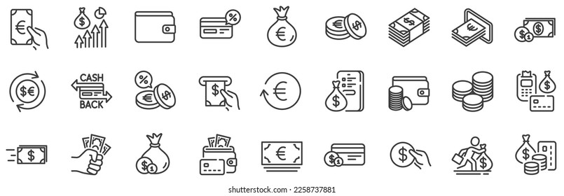 Set of Credit card, Cash and Coins icons. Money wallet line icons. Banking, Currency exchange and Cashback service. Wallet, Euro and Dollar money, credit card. Cash exchange, bank payment. Vector