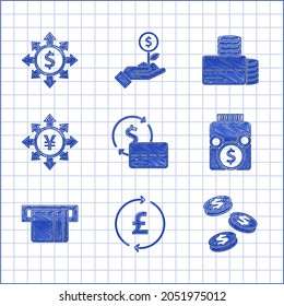 Set Credit card, Coin money with pound, dollar, Glass jar coin, inserted, Yen,  and Dollar, share, network icon. Vector