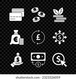 Set Credit card, Coin money with dollar, Dollar plant, Hand holding bag, Stacks paper cash, euro symbol and pound icon. Vector