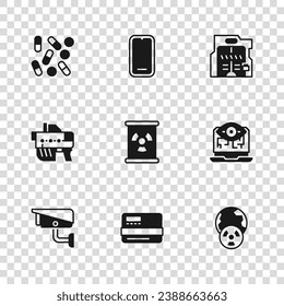 Set Credit card, Computer vision, Planet earth and radiation, Radioactive waste in barrel, Futuristic sliding doors, Medical pill biohacking, Mobile phone and weapon icon. Vector