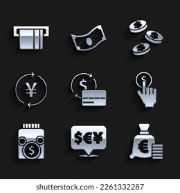 Set Credit card, Currency exchange, Coin money with euro symbol, Hand holding coin, Glass jar, Yen, dollar and inserted icon. Vector