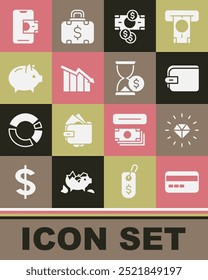 Set Credit card, Diamond, Wallet, Stacks paper money cash, Financial growth decrease, Piggy bank, Mobile banking and Hourglass with dollar icon. Vector