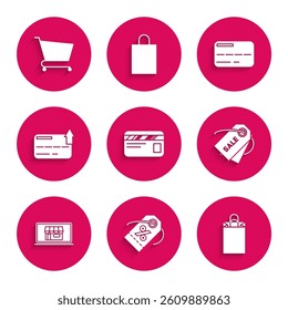 Set Credit card, Discount percent tag, Paper shopping bag, Price with an inscription Sale, Shopping building screen laptop,  and cart icon. Vector