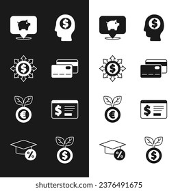 Establece tarjeta de crédito, Dólar, acción, red, banco de cerdos, mente de planificación del hombre de negocios, planta de euro, banca en línea con dólar, y límite de graduación e icono de moneda. Vector