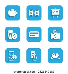 Definir Cartão de crédito, Pagamentos rápidos, Piggy bank quebrado, Porta-arquivos e dinheiro, Ampulheta com dólar, Moeda, diagrama de quadro-negro e ícone Piggy. Vetor