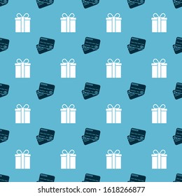 Set Credit card and Gift box on seamless pattern. Vector