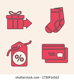 Set Credit card, Gift box, Socks and Discount percent tag icon. Vector