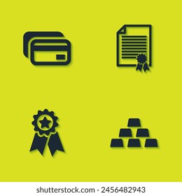 Set Credit card, Gold bars, Medal with star and Certificate template icon. Vector