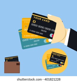 set of credit card in hand and wallet. Wallet with credit cards. Credit cards of different colors. Credit card. Vector illustration.  Concept business illustration.