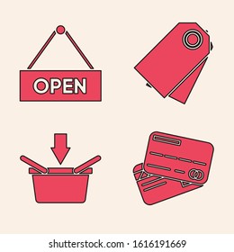 Set Credit card, Hanging sign with text Open door, Blank label template price tag and Shopping basket icon. Vector