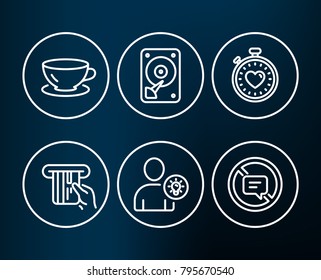 Set of Credit card, Hdd and User idea icons. Espresso, Heartbeat timer and Stop talking signs. Atm payment, Hard disk, Light bulb. Coffee cup, Love stopwatch, Do not talk.  Editable stroke. Vector