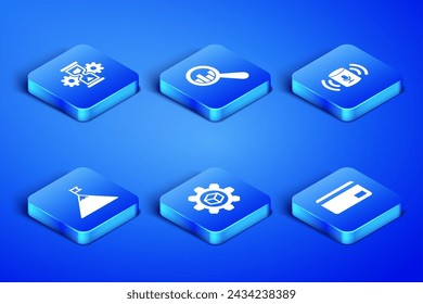 Set Credit card, Hourglass and gear, Product development, Mountains flag, Magnifying analysis and Voice assistant icon. Vector