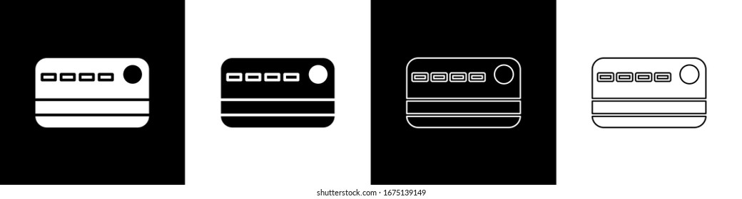 Set Credit card icon isolated on black and white background. Online payment. Cash withdrawal. Financial operations. Shopping sign.  Vector Illustration