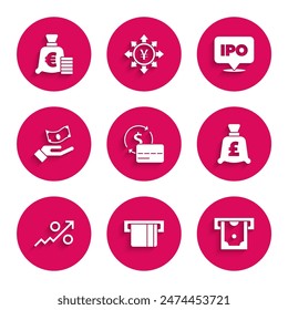 Set Credit card, inserted, ATM and money, Coin with pound, Percent up arrow, Hand holding, IPO and euro symbol icon. Vector