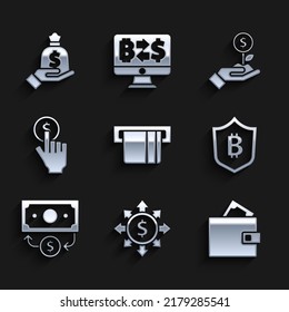Establece la tarjeta de crédito insertada, Dólar, compartir, red, Cartera con dinero, Blindaje Escudo, Pila de papel en efectivo, Mano de mano, planta y bolso icono. Vector