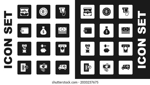 Set Credit card inserted, Money bag, Wallet, Treasure chest, Stacks paper money cash, Bitcoin, ATM and and plant the pot icon. Vector