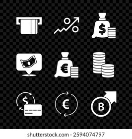 Set Credit card inserted, Percent up arrow, Money bag, Coin money with euro symbol, Financial growth and bitcoin, Stacks paper cash and  icon. Vector