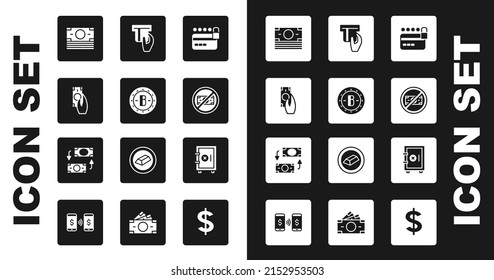 Establece la tarjeta de crédito con bloqueo, Bitcoin, pagos rápidos, pila dinero en papel, no, insertado, seguro y el icono de cambio de dinero. Vector