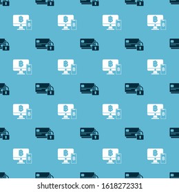 Set Credit card with lock and Computer monitor with mobile phone and bitcoin on seamless pattern. Vector