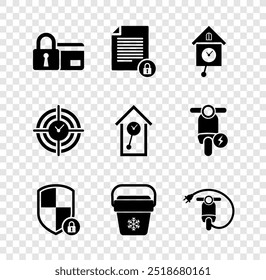 Set Credit card with lock, Document and, Retro wall watch, Shield security, Cooler bag and Electric scooter icon. Vector