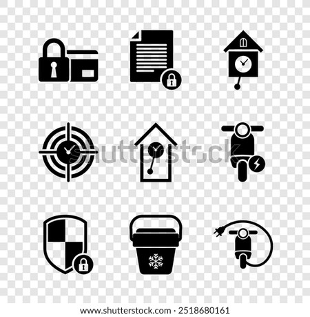 Set Credit card with lock, Document and, Retro wall watch, Shield security, Cooler bag and Electric scooter icon. Vector