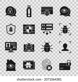 Establece la tarjeta de crédito con bloqueo, reconocimiento de cara, error del sistema, en crédito, pared de ladrillo Escudo, ciberseguridad y servidor, datos, icono de hospedaje web. Vector
