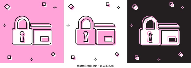 Set Credit card with lock icon isolated on pink and white, black background. Locked bank card. Security, safety, protection concept. Concept of a safe payment.  Vector Illustration