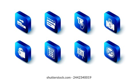 Set Credit card with lock, inserted, Briefcase and money, No, Chalkboard diagram, Calculator, Wallet and Pos terminal icon. Vector