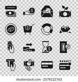 Set Credit card with lock, Inserting coin, Broken piggy bank, Envelope dollar symbol, Shopping cart and, Gold bars, ATM money and Pie chart infographic icon. Vector