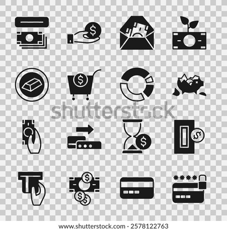 Set Credit card with lock, Inserting coin, Broken piggy bank, Envelope dollar symbol, Shopping cart and, Gold bars, ATM money and Pie chart infographic icon. Vector