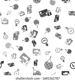 Set Credit card with lock, Magnifying glass with globe, Coin money with pound sterling symbol and Financial chart or graph on the computer monitor and mobile phone on seamless pattern. Vector