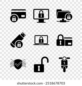 Set Credit card with lock, Lock on monitor, FTP folder and, Cyber security, Open padlock and Electric scooter icon. Vector