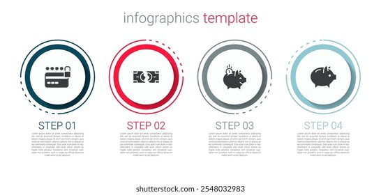 Set Cartão de crédito com fechadura, Rasgando nota de dinheiro, Piggy moeda e . Modelo de infográfico comercial. Vetor