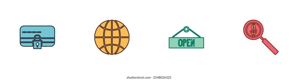 Set Credit card with lock, Worldwide, Hanging sign Open and Magnifying glass and dollar icon. Vector