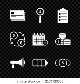 Set Credit card, Magnifying glass and dollar symbol, Clipboard with checklist, Megaphone, Battery charge level indicator, Coin money, Money exchange and Financial calendar icon. Vector