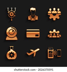 Set Credit card, Plane, POS terminal, Project team base, Bioengineering and Web camera icon. Vector