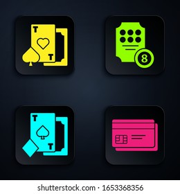 Set Credit card, Playing card with heart, Playing card with spades and Online slot machine. Black square button. Vector