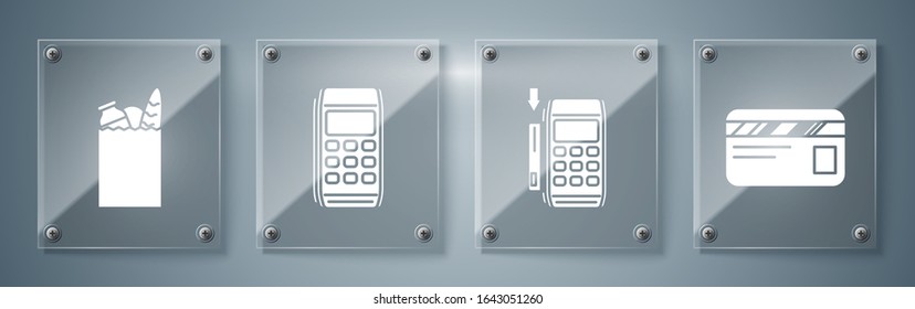 Set Credit card, Pos terminal with inserted credit card, Pos terminal and Paper shopping bag and food. Square glass panels. Vector