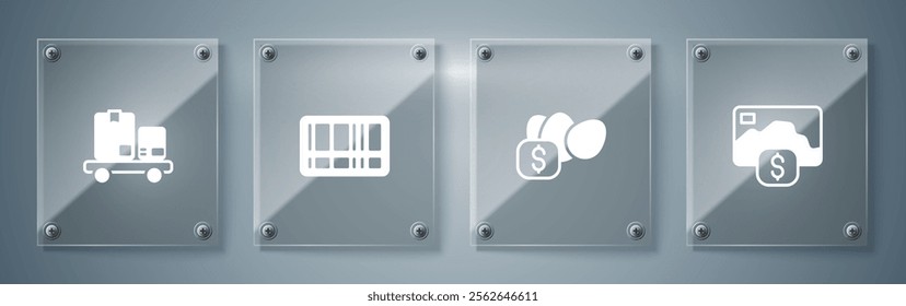 Set Credit card, Price tag for egg, Barcode and Hand truck and boxes. Square glass panels. Vector