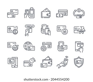 Set of credit card related linear icons on white background. Icon collection templates with wireless payment, do not accept cards sign, wallet and more. Flat cartoon vector illustration